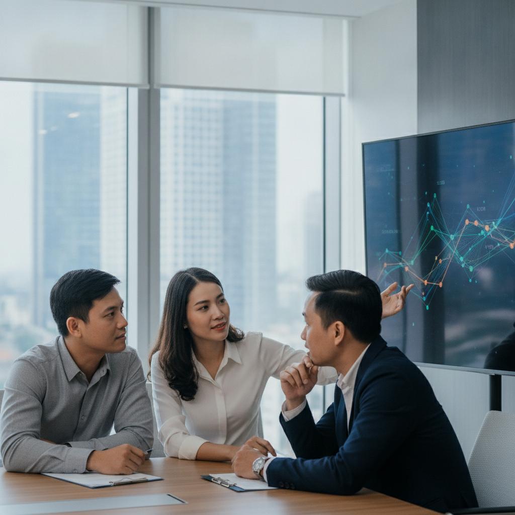 Hình ảnh tập thể thảo luận chiến lược, minh họa cách thông tin từ tài khoản kế toán hỗ trợ ra quyết định kinh doanh và thích ứng với quy định mới.
