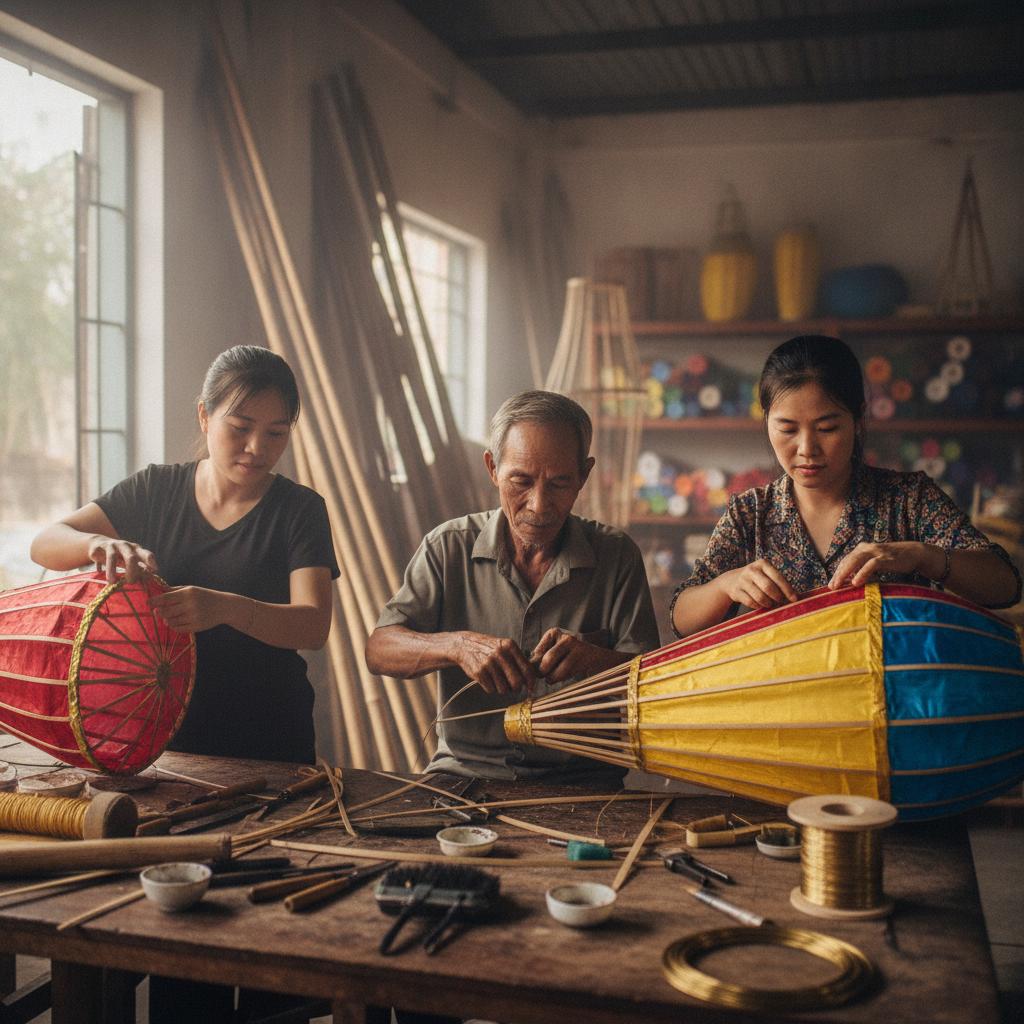 Đằng sau mỗi chiếc đèn lồng khổng lồ là tâm huyết và sự khéo léo của những người nghệ nhân chuẩn bị cho Lễ hội Thành Tuyên.